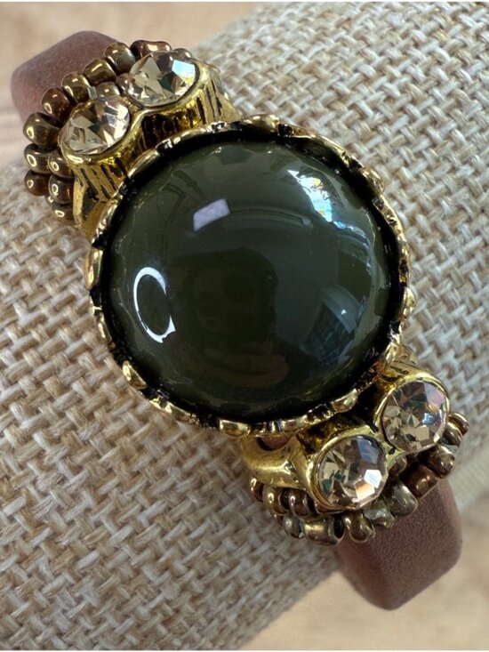 Laura Janelle Brown Leather Bracelet W/ Green Gemstone & Rhinestone Accents Gold - Picture 1 of 11